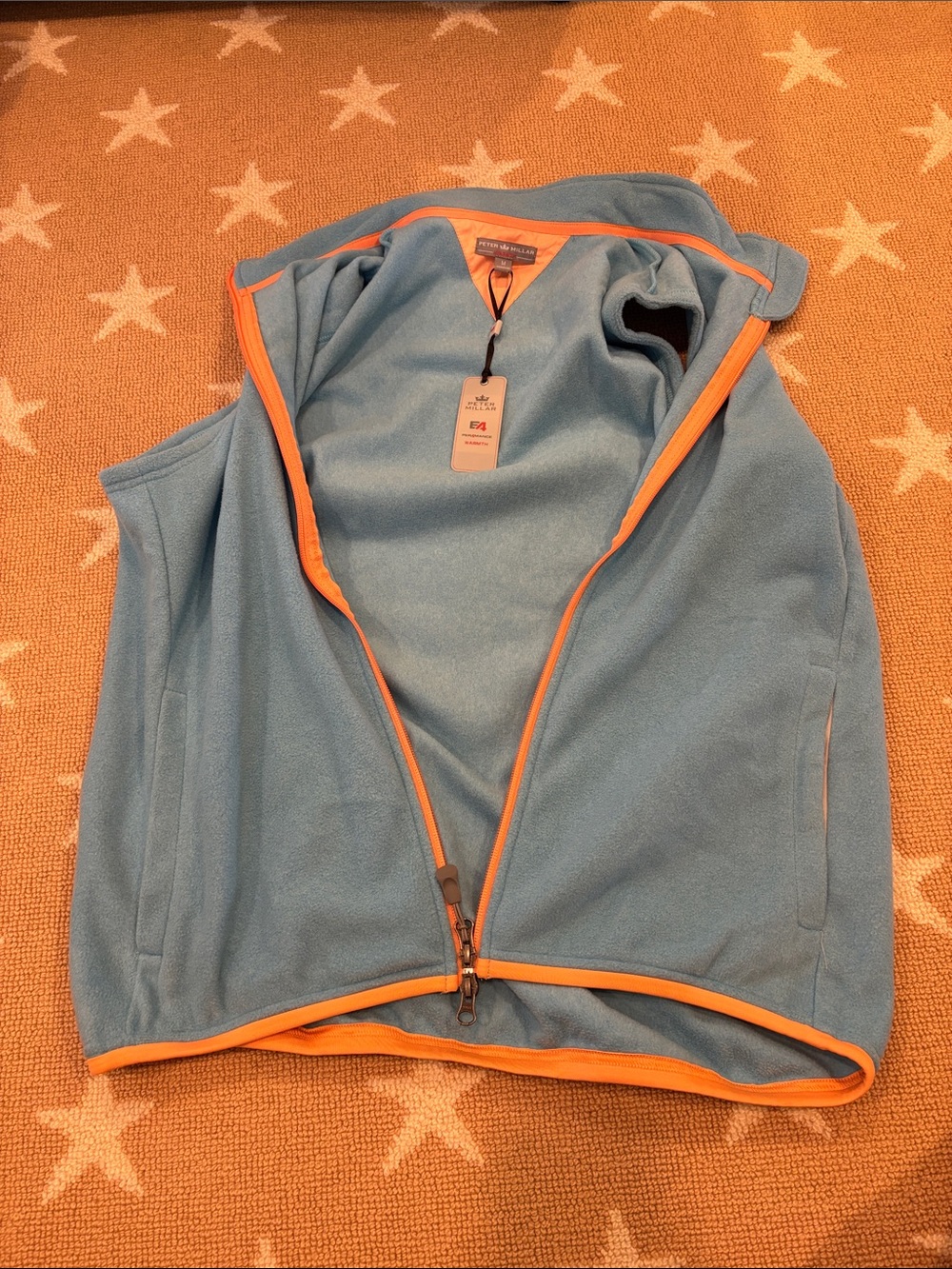 PETER MILLAR NWT Light Blue Fleece Vest with Orange Trim